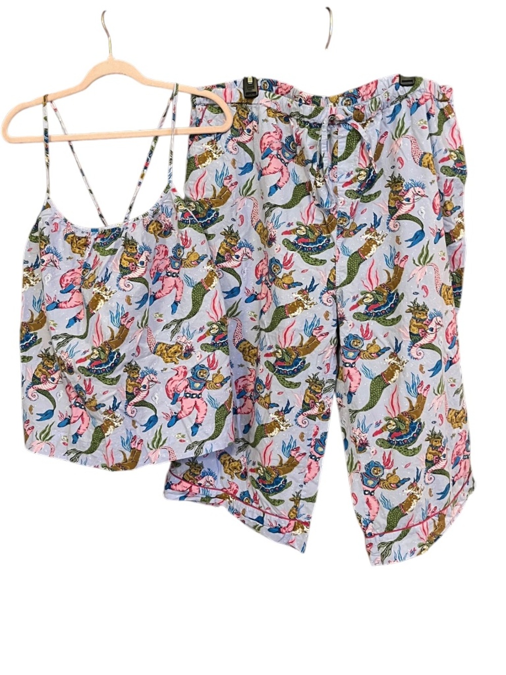 Printfresh Scuba Mermaid Cat & Dog Lavender Cotton Cami Cropped Pajama Set SZ 3X